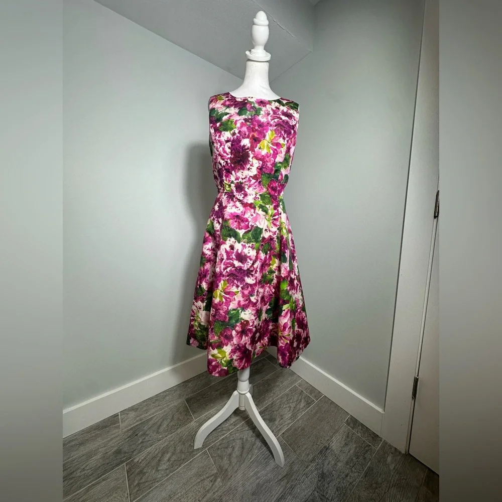 Oscar de la Renta Silk Floral Party Poplin Fit & Flare  Cocktail Midi Dress Sz 8 - Picture 6 of 16